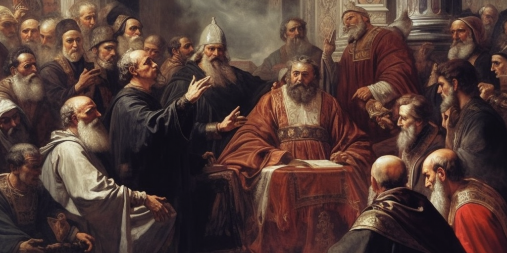 A depiction of people debating The Nicene Creed.